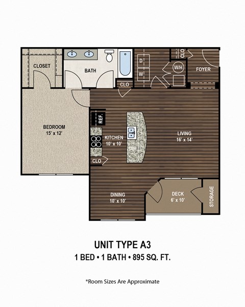 Floor plan for 1 bed, 1 bath, 895 sqft